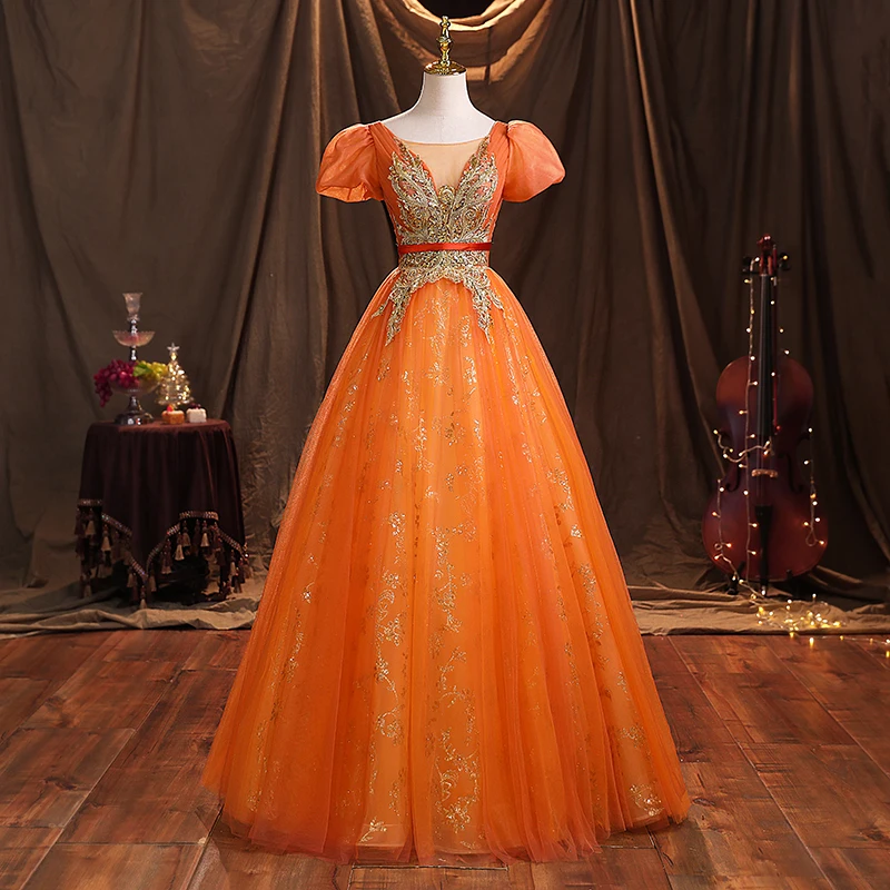 open lace back dress Jovani 02840 Orange Floral Appliques Prom Ballgown – Elnoras Dresses main image 0