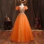 Elegant Orange Beading Pearl Sequins Prom Dresses 2021 Ball Gown Square Neckline Puffy Short Sleeve Backless Sash Floor-Length / Long Formal Dresses