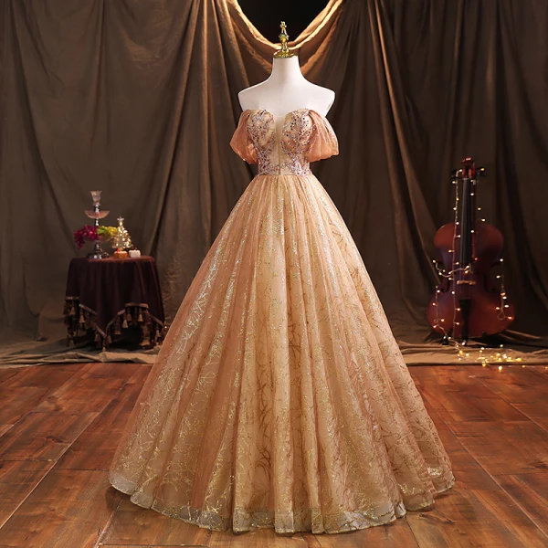 Charming Champagne Beading Pearl Sequins Prom Dresses 2021 Ball Gown Strapless Sleeveless Backless Floor-Length / Long Formal Dresses