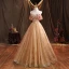 Charming Champagne Beading Pearl Sequins Prom Dresses 2021 Ball Gown Strapless Sleeveless Backless Floor-Length / Long Formal Dresses