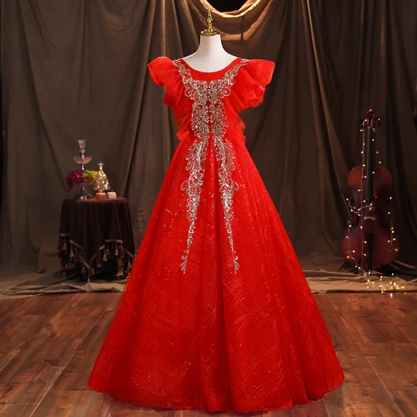 Elegant Red Prom Dresses Floor-Length / Long 2021 Ball Gown Scoop Neck Beading Sequins Puffy Short Sleeve Backless Prom Formal Dresses