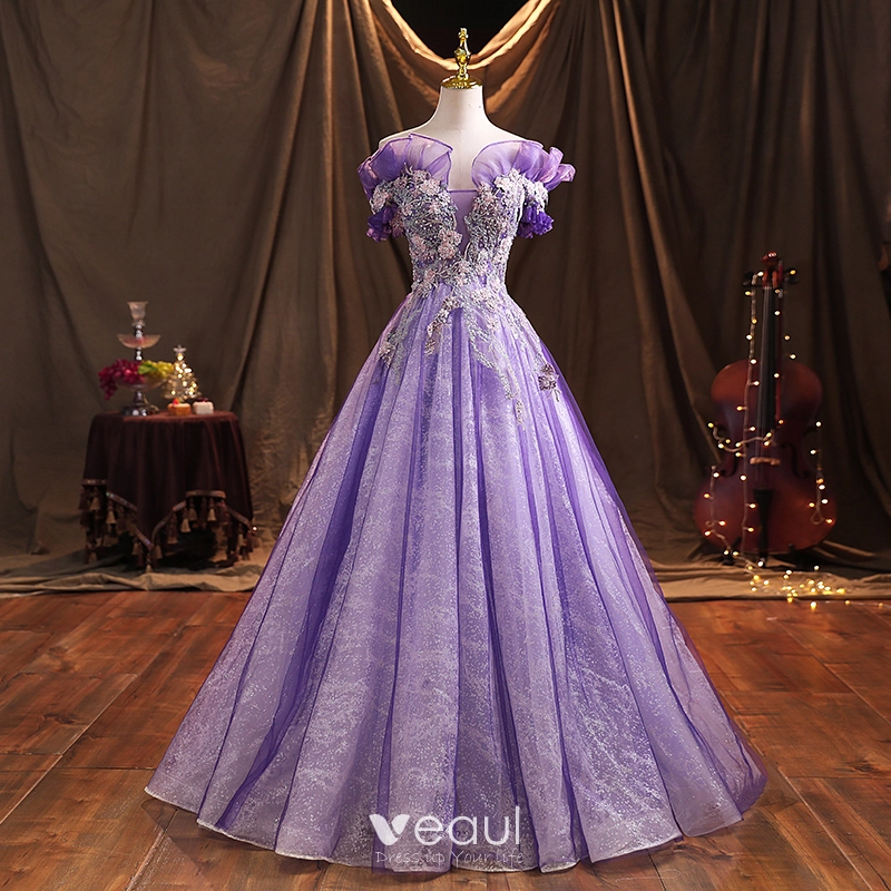 Elegant Lavender Prom Dresses 2021 Ball Gown Ruffle Off-The-Shoulder Beading Rhinestone Lace Flower Short Sleeve Backless Floor-Length / Long Formal Dresses Elegant Lavender Prom Dresses 2021 Ball Gown Ruffle Off-The-Shoulder Beading Rhinestone Lace Flower Short Sleeve Backless Floor-Length / Long Formal Dresses