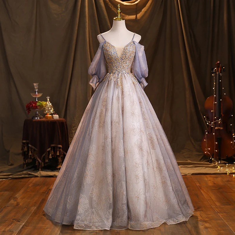 Elegant Sky Blue Prom Dresses 2021 Spaghetti Straps Beading Sequins Puffy  Short Sleeve Backless Floor Length Long Formal Dresses