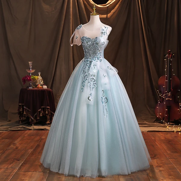 Elegant Mint Green Formal Dresses 2021 Ball Gown Scoop Neck Beading Rhinestone Sequins Sleeveless Backless Floor-Length / Long Prom Dresses
