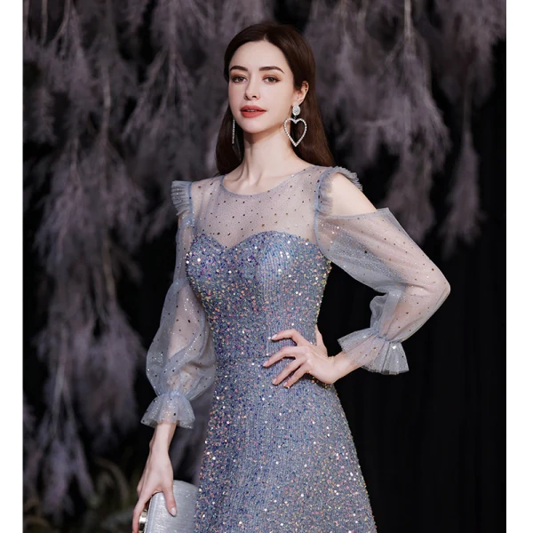 Sparkly Sky Blue Beading Sequins Evening Dresses 2021 A-Line / Princess Scoop Neck 3/4 Sleeve Evening Party Floor-Length / Long Formal Dresses