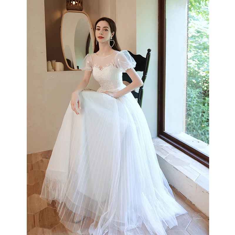 Elegant White Prom Dresses 2021 A Line Princess Scoop Neck Beading Lace  Flower Short Sleeve Backless Floor Length Long Prom Formal Dresses