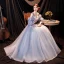 Chic Bleu Ciel Robe De Bal 2021 Princesse Bretelles Spaghetti Perle En Dentelle Fleur Appliques Volants Manches Courtes Ceinture Noeud Longue Dos Nu Robe De Ceremonie