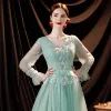 Chic / Beautiful Mint Green Prom Dresses 2021 A-Line / Princess V-Neck Bell sleeves Backless Pearl Sequins Lace Flower Floor-Length / Long Formal Dresses