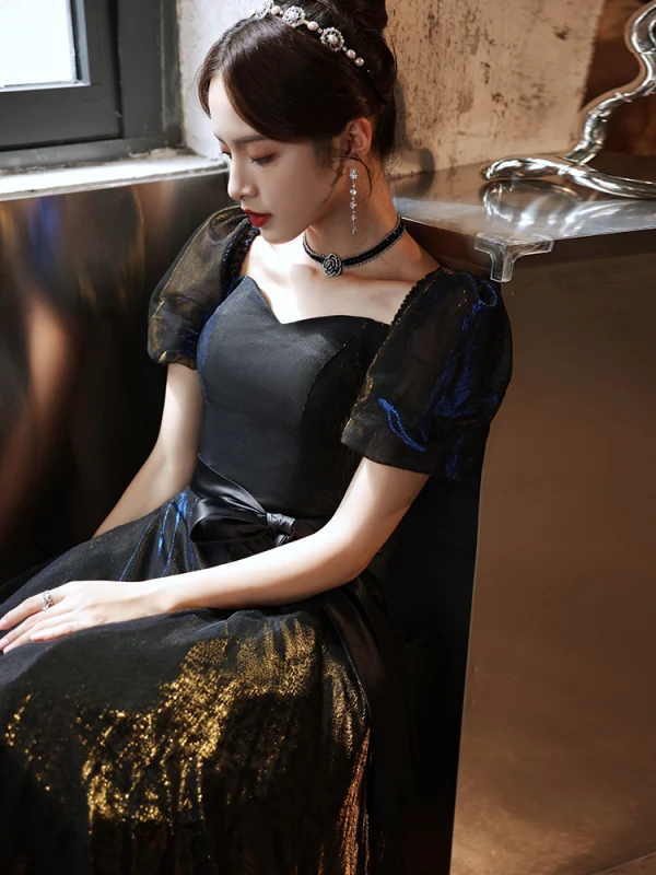 Charming Black Evening Dresses 2021 A-Line / Princess Square Neckline Puffy Short Sleeve Backless Floor-Length / Long Evening Party Formal Dresses