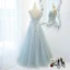 Élégant Bleu Ciel Volants Robe De Bal 2021 Princesse Bretelles Spaghetti Perlage Perle Paillettes Sans Manches Dos Nu Longue Robe De Ceremonie