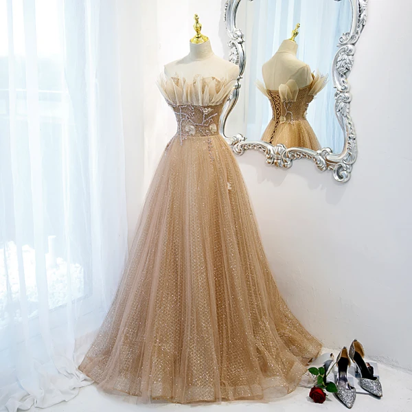 Glitzernden Champagner Pailletten Ballkleider A Linie 2021 Bandeau Ärmellos Perlenstickerei Applikationen Rückenfreies Lange Ball Festliche Kleider