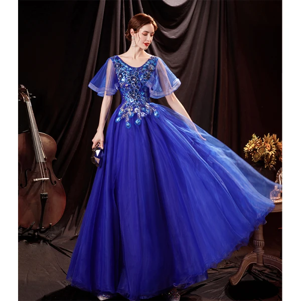 Élégant Bleu Roi Robe De Bal 2021 Princesse V-Cou Manches Courtes Dos Nu Perlage Paillettes En Dentelle Fleur Longue Robe De Ceremonie