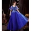 Élégant Bleu Roi Robe De Bal 2021 Princesse V-Cou Manches Courtes Dos Nu Perlage Paillettes En Dentelle Fleur Longue Robe De Ceremonie