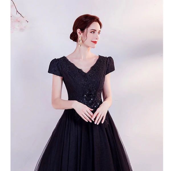 Elegant Black Prom Dresses 2021 A-Line / Princess V-Neck Beading Rhinestone Lace Flower Short Sleeve Backless Floor-Length / Long Formal Dresses