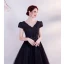 Elegant Black Prom Dresses 2021 A-Line / Princess V-Neck Beading Rhinestone Lace Flower Short Sleeve Backless Floor-Length / Long Formal Dresses