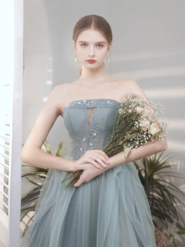 Modest / Simple Sky Blue Beading Prom Dresses 2021 A-Line / Princess Strapless Sleeveless Backless Floor-Length / Long Formal Dresses