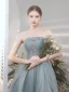Modest / Simple Sky Blue Beading Prom Dresses 2021 A-Line / Princess Strapless Sleeveless Backless Floor-Length / Long Formal Dresses