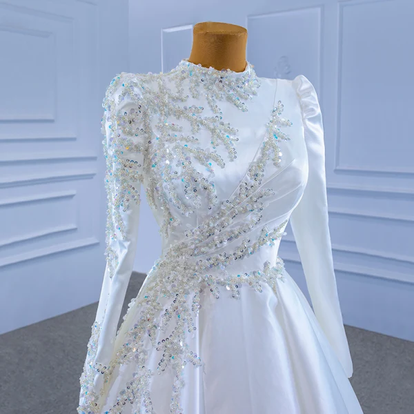 High-end Elegant Ivory Satin Wedding Dresses 2021 A-Line / Princess High Neck Beading Pearl Sequins Long Sleeve Sweep Train Wedding