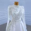 High-end Elegant Ivory Satin Wedding Dresses 2021 A-Line / Princess High Neck Beading Pearl Sequins Long Sleeve Sweep Train Wedding