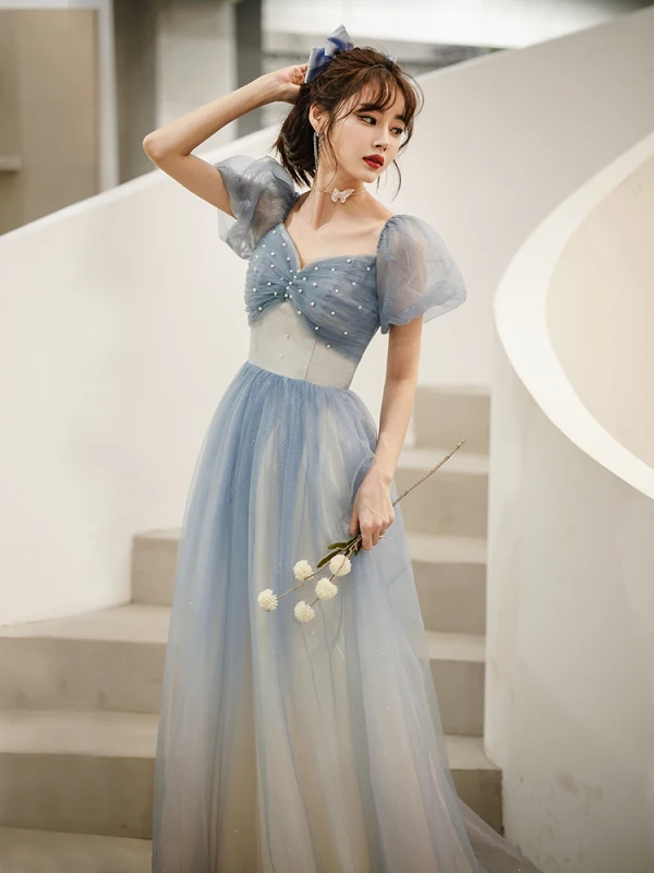 Affordable Sky Blue Gradient-Color Glitter Prom Dresses 2021 A-Line / Princess Square Neckline Pearl Puffy Short Sleeve Backless Floor-Length / Long Formal Dresses