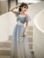 Affordable Sky Blue Gradient-Color Glitter Prom Dresses 2021 A-Line / Princess Square Neckline Pearl Puffy Short Sleeve Backless Floor-Length / Long Formal Dresses