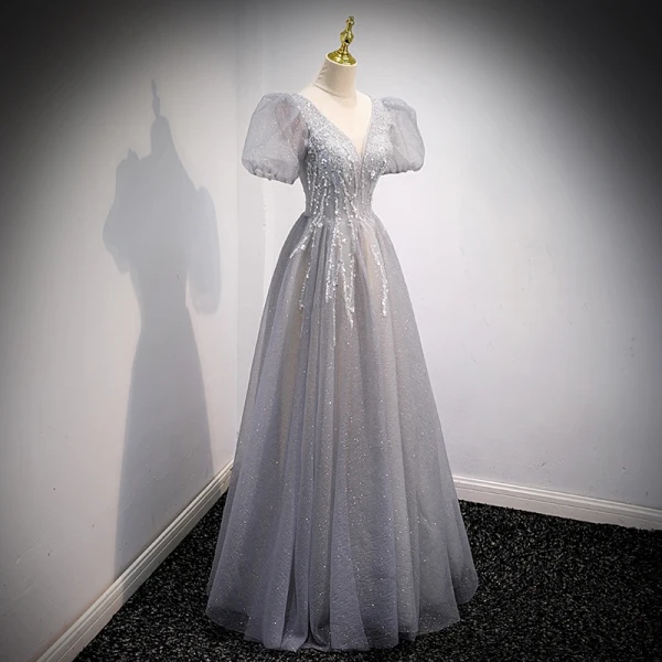 Charming Grey Prom Dresses 2021 A-Line / Princess V-Neck Beading Sequins Puffy Short Sleeve Backless Floor-Length / Long Formal Dresses