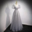 Charming Grey Prom Dresses 2021 A-Line / Princess V-Neck Beading Sequins Puffy Short Sleeve Backless Floor-Length / Long Formal Dresses