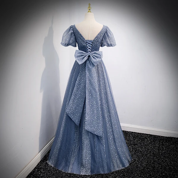 Charming Ocean Blue Spotted Prom Dresses 2021 A-Line / Princess V-Neck Puffy Short Sleeve Backless Bow Floor-Length / Long Prom Formal Dresses