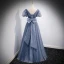 Charming Ocean Blue Spotted Prom Dresses 2021 A-Line / Princess V-Neck Puffy Short Sleeve Backless Bow Floor-Length / Long Prom Formal Dresses