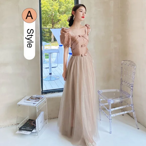 Chic / Beautiful Blushing Pink Bridesmaid Dresses 2021 A-Line / Princess Bow Sash Rhinestone Short Sleeve Backless Floor-Length / Long Wedding Party Dresses