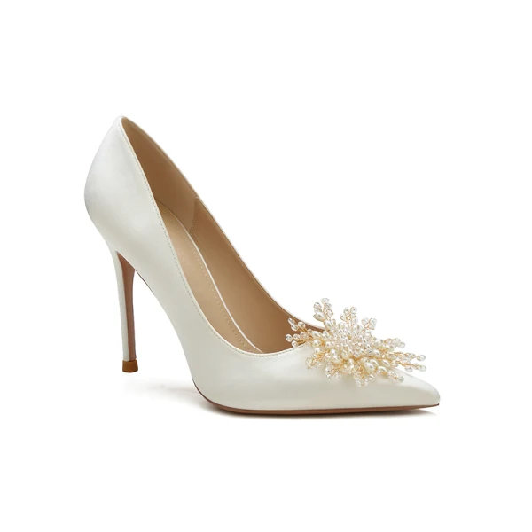 Schöne Weiß Perle Ball Pumps 2021 Leder 10 cm Stilettos Spitzschuh Hochhackige Pumps