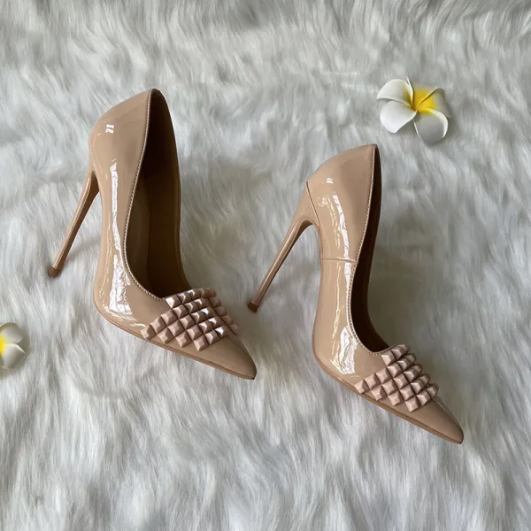 Schöne Nude Strassenmode Leder Pumps 2021 12 cm Stilettos Spitzschuh Pumps Hochhackige