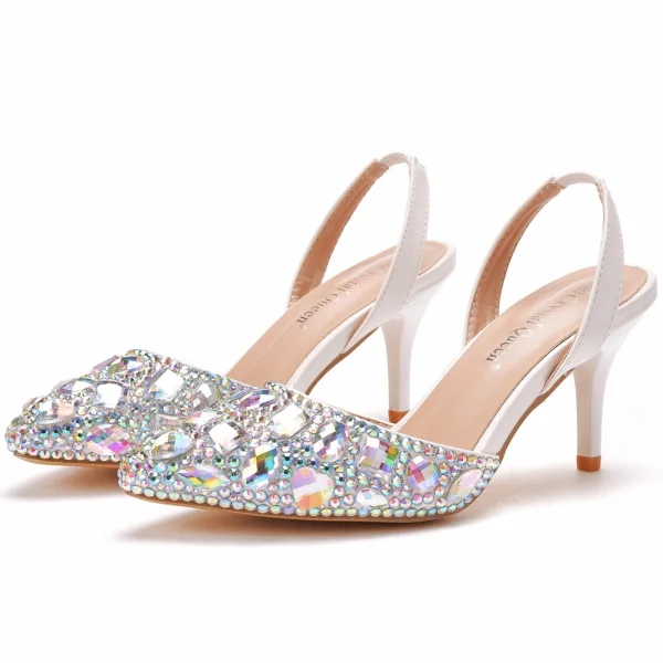 Charmig Multi-Färger Rhinestone Brudskor 2021 7 cm Stilettklackar Spetsiga Bröllop Högklackade