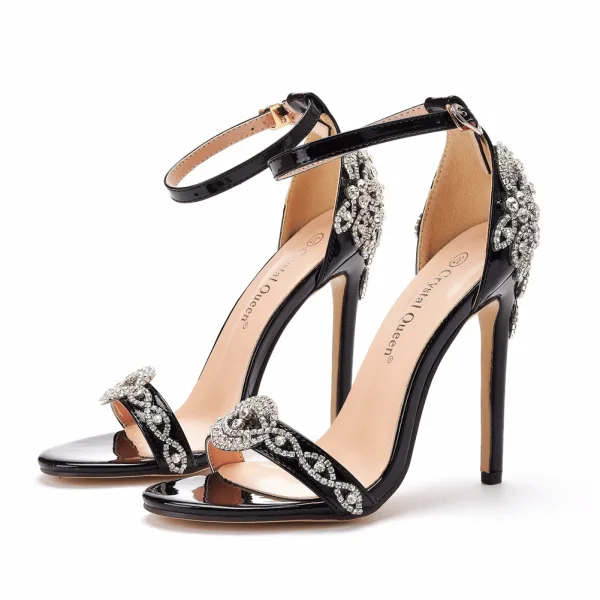 Sexy Black Evening Party Womens Sandals 2021 11 cm Stiletto Heels Ankle Strap Rhinestone Open / Peep Toe Womens Sandals High Heels