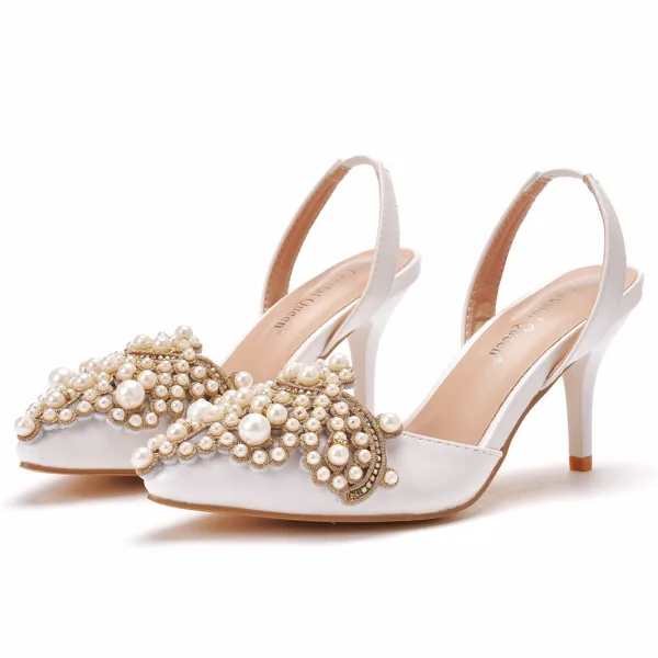 Charming White Pearl Rhinestone Womens Sandals High Heels 2021 7 cm Stiletto Heels Pointed Toe Wedding Sandals