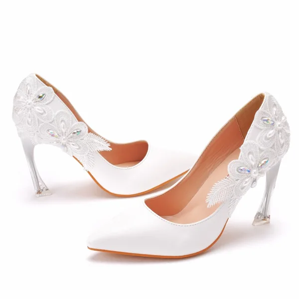 Fashion White Wedding Shoes 2021 Pearl Rhinestone Lace Flower 9 cm Stiletto Heels Pointed Toe Wedding Pumps High Heels