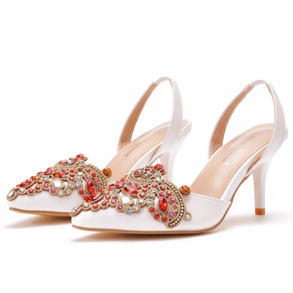 Charmant Weiß Strass Brautschuhe 2021 7 cm Stilettos Spitzschuh Hochzeit Sandaletten Hochhackige