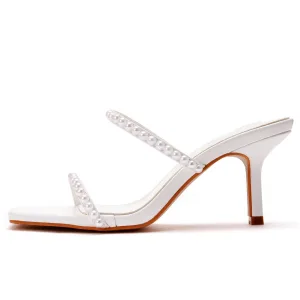 Sexy Blanche Cocktail Soirée Perle Sandales Femme 2021 7 Cm Talons Aiguilles Peep Toes Bout Ouvert Sandales Talons Hauts