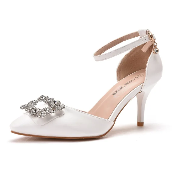 Chic / Beautiful White Rhinestone Prom Womens Shoes 2021 Ankle Strap 7 cm Stiletto Heels Pointed Toe Womens Shoes High Heels
