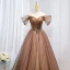 Schöne Champagner Ballkleider 2021 A Linie Off Shoulder Perlenstickerei Pailletten Strass Ärmellos Rückenfreies Lange Festliche Kleider