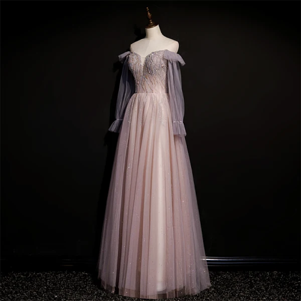 Chic / Beautiful Dusky Pink Prom Dresses 2021 A-Line / Princess Off-The-Shoulder Beading Rhinestone Sequins Long Sleeve Backless Floor-Length / Long Formal Dresses