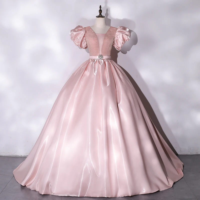 Cinderella Fashion Sky Blue Prom Dresses 2021 Ball Gown Satin V-Neck Ruffle Short Sleeve Cinderella Fashion Sky Blue Prom Dresses 2021 Ball Gown Satin V-Neck Ruffle Short Sleeve