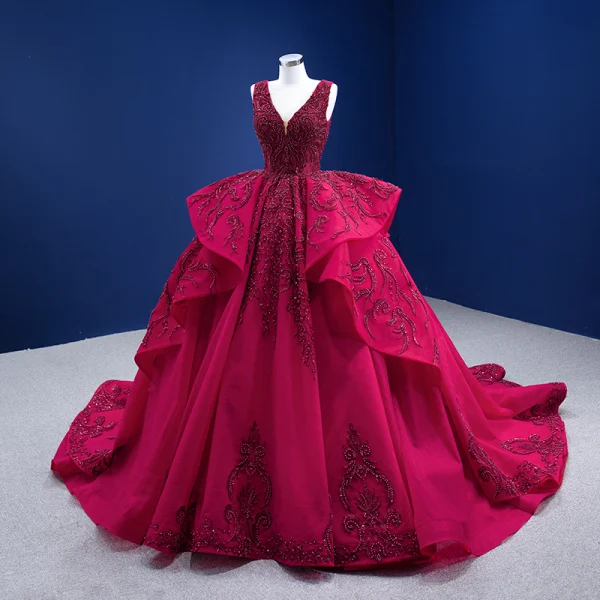 Elegant Burgundy Wedding Dresses 2021 Ball Gown Beading Pearl Sequins V-Neck Sleeveless Backless Cascading Ruffles Cathedral Train Wedding
