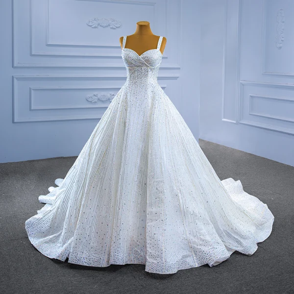 High-end White Glitter Wedding Dresses 2021 Ball Gown Sleeveless Sequins Rhinestone Spaghetti Straps Cathedral Train Wedding