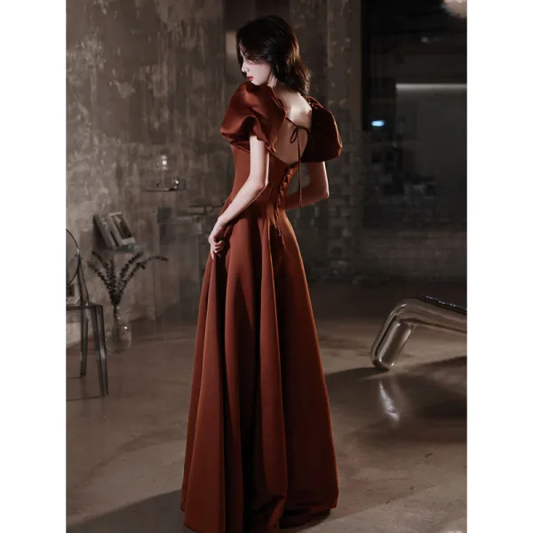 Elegant Coffee Satin Prom Dresses 2021 A-Line / Princess Square Neckline Puffy Short Sleeve Backless Floor-Length / Long Prom Formal Dresses