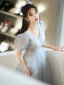 Élégant Gris Perlage Paillettes Robe De Bal 2021 Princesse V-Cou Manches Courtes Dos Nu Promo Longue Robe De Ceremonie