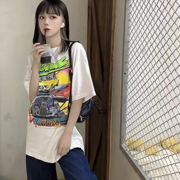 Vintage / Retro Summer White Casual Cotton Cartoon Printing T-Shirts 2021 Scoop Neck Short Sleeve Loose Women's Tops T-shirt
