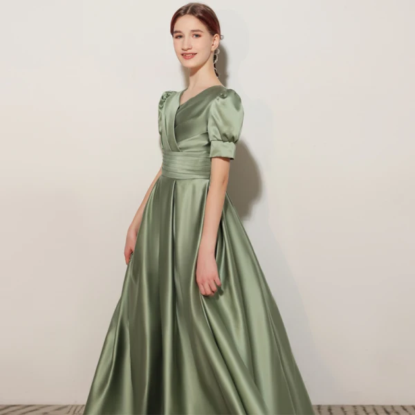 Elegant Sage Green Birthday Flower Girl Dresses 2021 A-Line / Princess Satin V-Neck Short Sleeve Floor-Length / Long Flower Girl Dresses