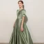 Elegant Sage Green Birthday Flower Girl Dresses 2021 A-Line / Princess Satin V-Neck Short Sleeve Floor-Length / Long Flower Girl Dresses