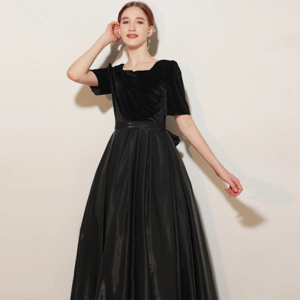 Elegant Black Birthday Suede Party Dresses Flower Girl Dresses 2021 A-Line / Princess Square Neckline Short Sleeve Floor-Length / Long Backless Bow Flower Girl Dresses